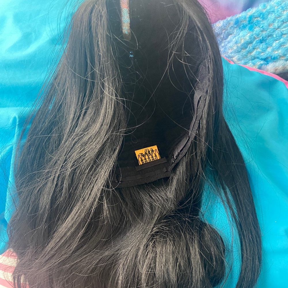 Long straight black wig middle part